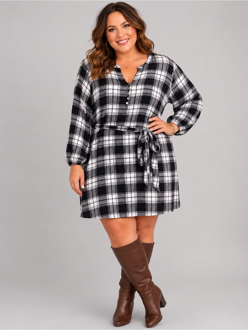Lane Bryant Women’s Plus-Size 18 Black and White Plaid Long Sleeve Dress